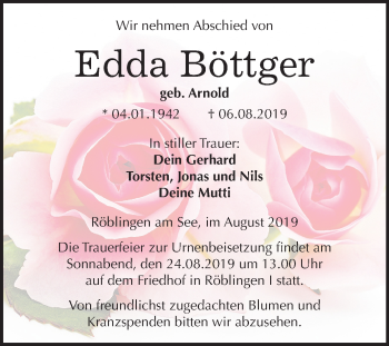 Traueranzeige von Edda Böttger von Super Sonntag Mansfelder Land
