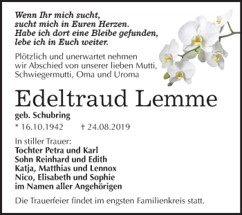 Traueranzeige von Edeltraud Lemme von Super Sonntag Merseburg/Querfurt