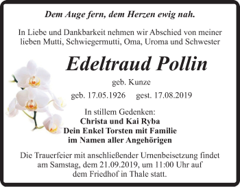 Traueranzeige von Edeltraud Pollin von Mitteldeutsche Zeitung Quedlinburg
