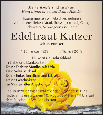 Traueranzeige von Edeltraut Kutzer von Mitteldeutsche Zeitung Weißenfels