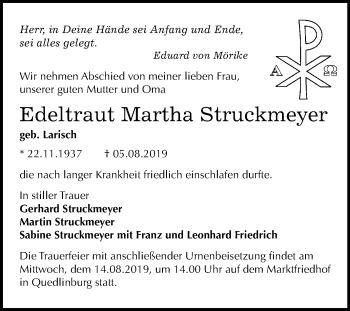 Traueranzeige von Edeltraut Martha Struckmeyer von Super Sonntag Quedlinburg