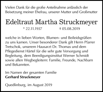 Traueranzeige von Edeltraut Martha Struckmeyer von Super Sonntag Quedlinburg
