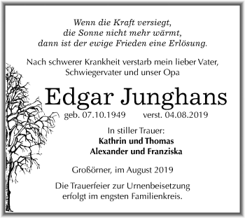 Traueranzeige von Edgar Junghans von Mitteldeutsche Zeitung Mansfelder Land