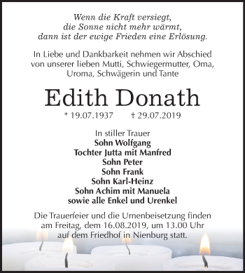 Traueranzeige von Edith Donath von Super Sonntag Bernburg