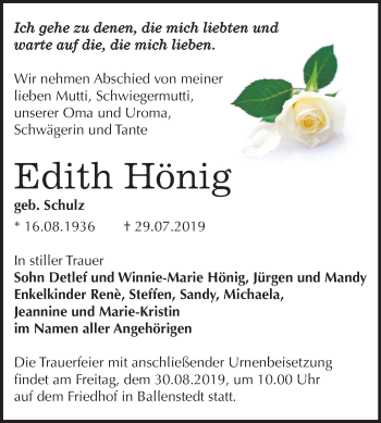 Traueranzeige von Edith Hönig von Super Sonntag Quedlinburg