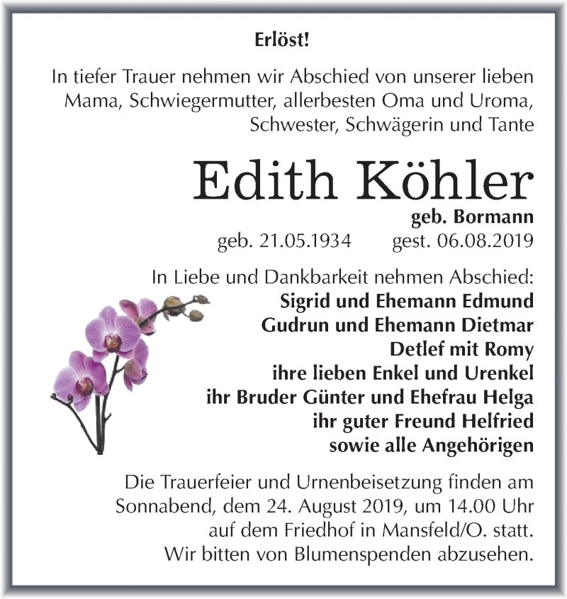  Traueranzeige für Edith Köhler vom 10.08.2019 aus Mitteldeutsche Zeitung Mansfelder Land