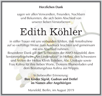 Traueranzeige von Edith Köhler von Super Sonntag Mansfelder Land