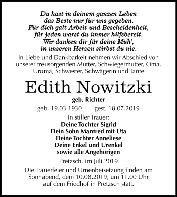 Traueranzeige von Edith Nowitzki von Mitteldeutsche Zeitung Wittenberg