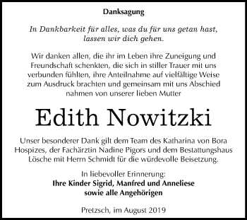 Traueranzeige von Edith Nowitzki von Super Sonntag Wittenberg
