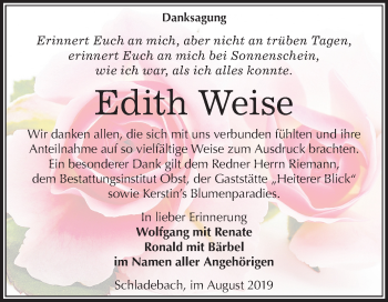 Traueranzeige von Edith Weise von Mitteldeutsche Zeitung Merseburg/Querfurt