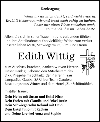 Traueranzeige von Edith Wittig von Wochenspiegel Bitterfeld