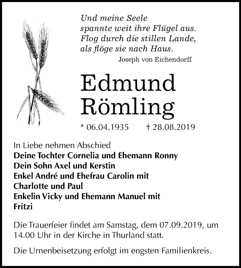  Traueranzeige für Edmund Römling vom 31.08.2019 aus Mitteldeutsche Zeitung Bitterfeld