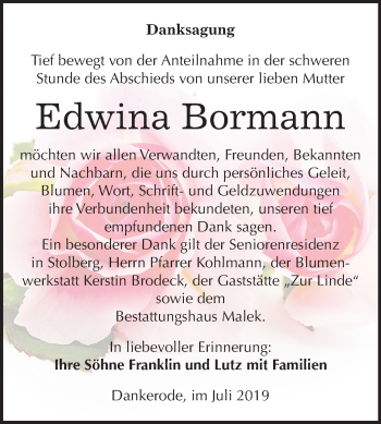 Traueranzeige von Edwina Bormann von Mitteldeutsche Zeitung Quedlinburg