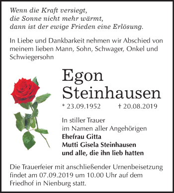 Traueranzeige von Egon Steinhausen von Super Sonntag Bernburg