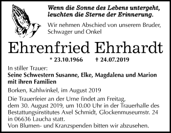 Traueranzeige von Ehrenfried Ehrhardt von Wochenspiegel Naumburg/Nebra