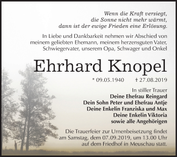 Traueranzeige von Ehrhard Knopel von Mitteldeutsche Zeitung Merseburg/Querfurt