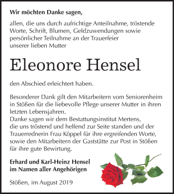 Traueranzeige von Eleonore Hensel von Wochenspiegel Naumburg/Nebra
