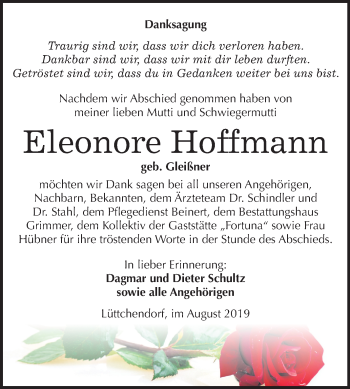 Traueranzeige von Eleonore Hoffmann von Mitteldeutsche Zeitung Mansfelder Land