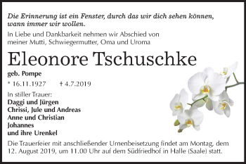 Traueranzeige von Eleonore Tschuschke von Mitteldeutsche Zeitung Halle/Saalkreis
