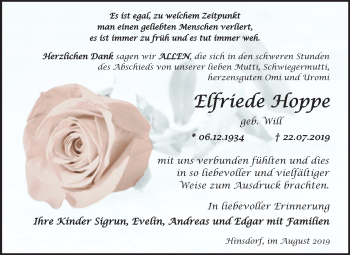 Traueranzeige von Elfriede Hoppe von Super Sonntag Köthen