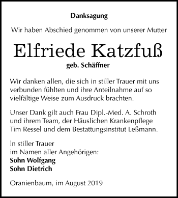 Traueranzeige von Elfriede Katzfuß von Mitteldeutsche Zeitung Wittenberg