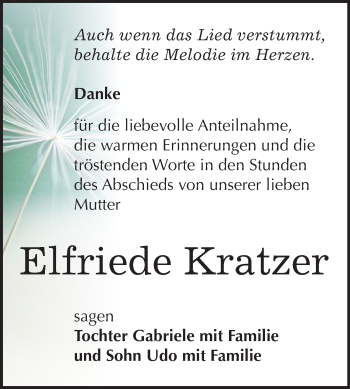 Traueranzeige von Elfriede Kratzer von Mitteldeutsche Zeitung Wittenberg
