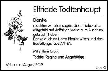 Traueranzeige von Elfriede Todtenhaupt von Mitteldeutsche Zeitung Weißenfels