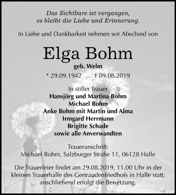 Traueranzeige von Elga Bohm von Mitteldeutsche Zeitung Halle/Saalkreis
