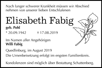 Traueranzeige von Elisabeth Fabig von Super Sonntag Quedlinburg