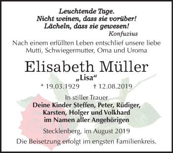 Traueranzeige von Elisabeth Müller von Mitteldeutsche Zeitung Quedlinburg