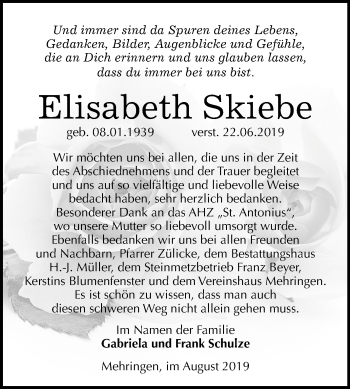 Traueranzeige von Elisabeth Skiebe von Super Sonntag Aschersleben