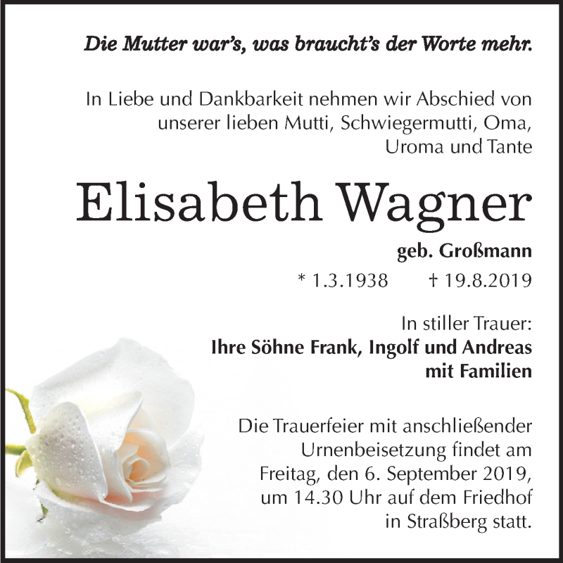  Traueranzeige für Elisabeth Wagner vom 28.08.2019 aus Mitteldeutsche Zeitung Quedlinburg