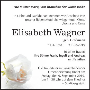 Traueranzeige von Elisabeth Wagner von Super Sonntag Quedlinburg
