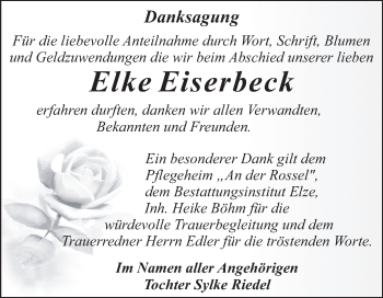 Traueranzeige von Elke Eiserbeck von Super Sonntag Dessau-Roßlau