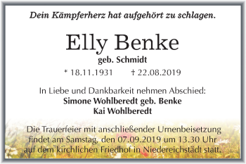 Traueranzeige von Elly Benke von Mitteldeutsche Zeitung Merseburg/Querfurt