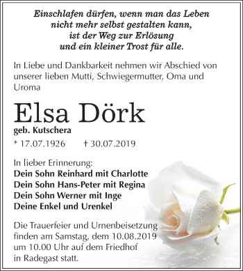 Traueranzeige von Elsa Dörk von Mitteldeutsche Zeitung Köthen