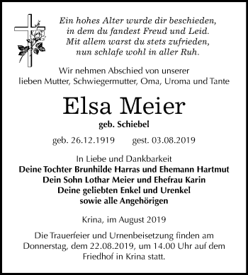 Traueranzeige von Elsa Meier von Wochenspiegel Bitterfeld