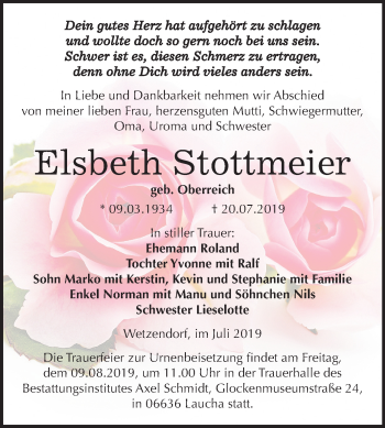 Traueranzeige von Elsbeth Stottmeier von Wochenspiegel Naumburg/Nebra