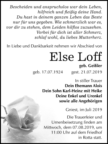 Traueranzeige von Else Loff von Super Sonntag Wittenberg