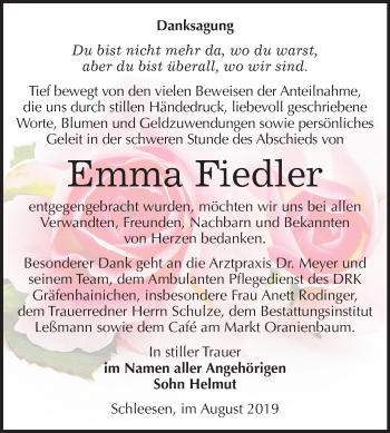 Traueranzeige von Emma Fiedler von Mitteldeutsche Zeitung Wittenberg