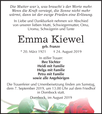 Traueranzeige von Emma Kiewel von Super Sonntag Köthen