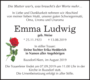 Traueranzeige von Emma Ludwig von Super Sonntag Dessau-Roßlau