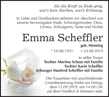 Traueranzeige von Emma Scheffler von Super Sonntag Bernburg