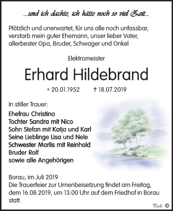 Traueranzeige von Erhard Hildebrand von Mitteldeutsche Zeitung Weißenfels
