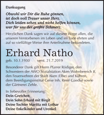 Traueranzeige von Erhard Natho von Mitteldeutsche Zeitung Köthen