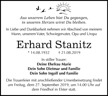 Traueranzeige von Erhard Stanitz von Mitteldeutsche Zeitung Wittenberg