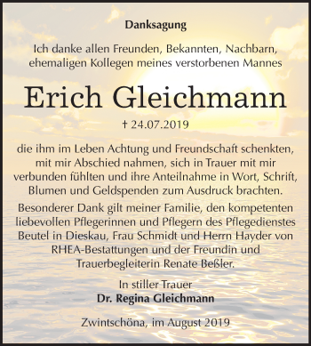Traueranzeige von Erich Gleichmann von Mitteldeutsche Zeitung Halle/Saalkreis