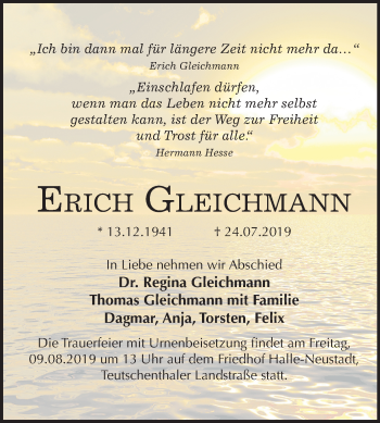 Traueranzeige von Erich Gleichmann von Mitteldeutsche Zeitung Halle/Saalkreis
