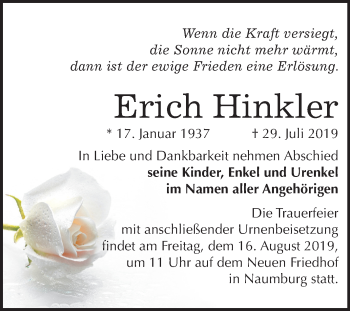 Traueranzeige von Erich Hinkler von Wochenspiegel Naumburg/Nebra