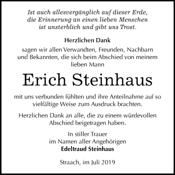 Traueranzeige von Erich Steinhaus von Super Sonntag Wittenberg